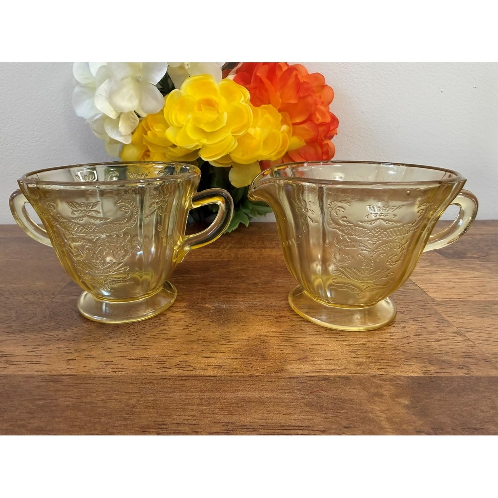 Vintage Amber Depression Glass Cream Sugar Set Federal‎ Glass Madrid Pattern